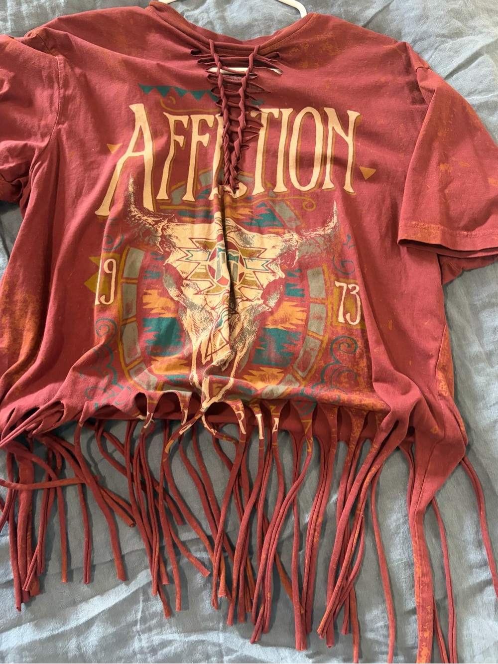 Affliction womens Red Graphic Fringe Tee